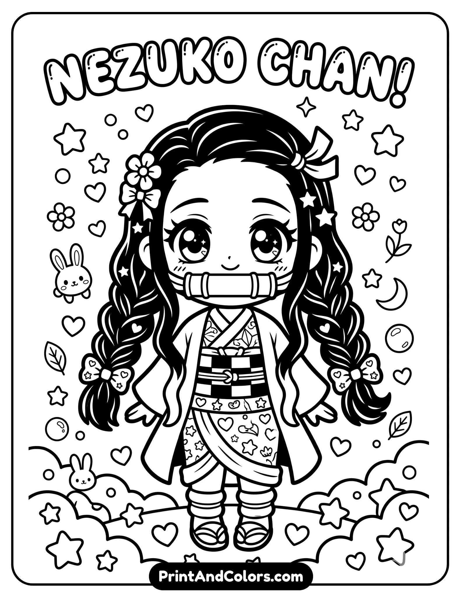Kawaii-style Nezuko with braided hair, big eyes, small body proportions, decorative elements like hearts and stars, bold outlines