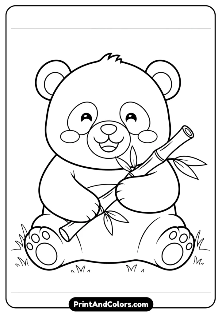 Black and white kawaii panda sitting with bamboo, round cheeks, smiling face, outlined clearly for kids.
