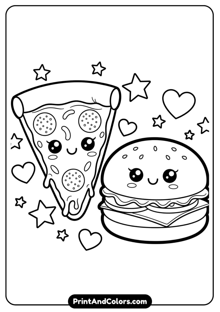 Black and white kawaii pizza slice and hamburger, both with big smiling faces, cute eyes, surrounded by stars and hearts, bold outlines for coloring
