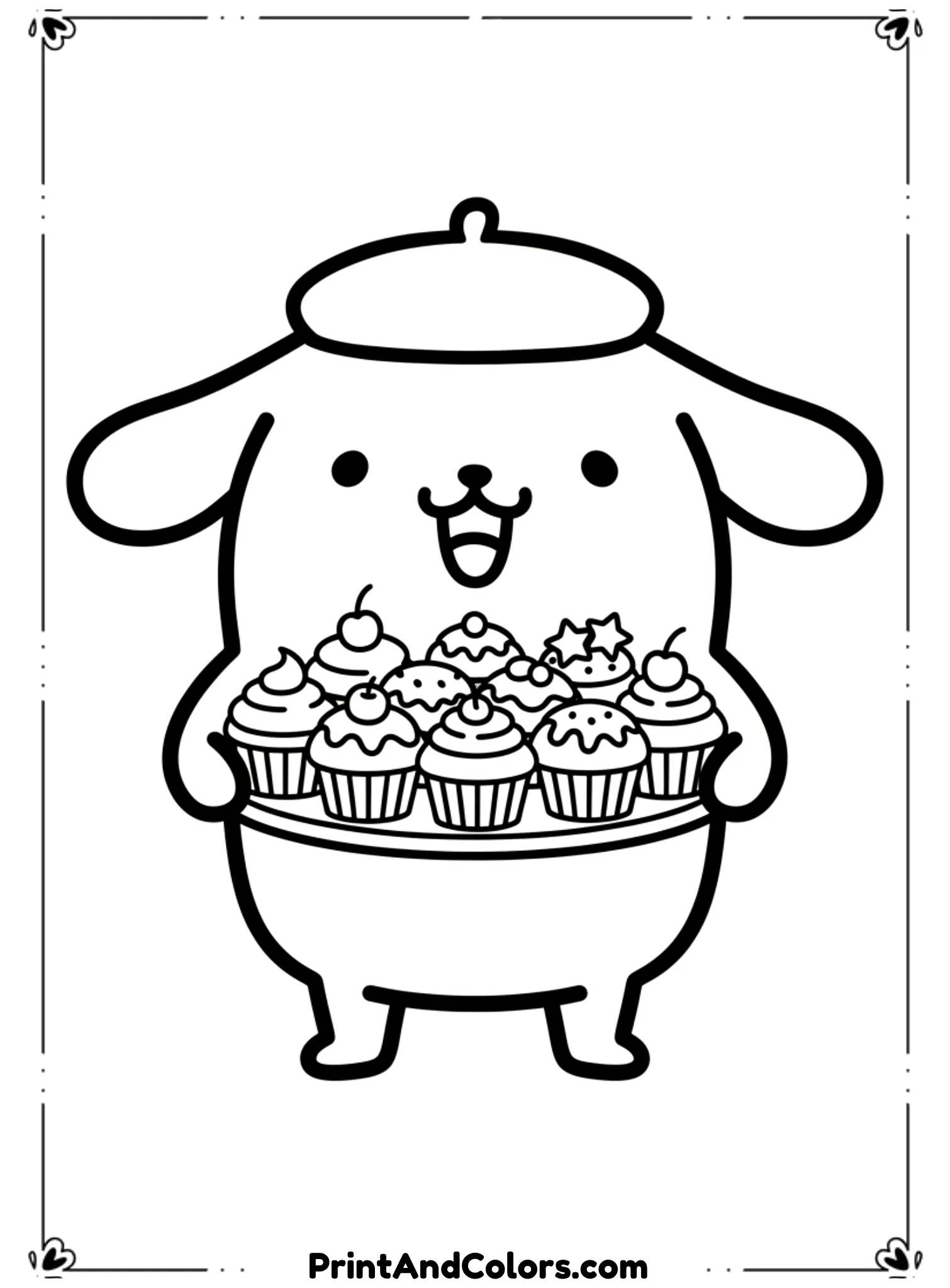  Draw PomPompurin holding a tray full of cupcakes with cute expressions. Cupcakes should have simple frosting designs. Use thick black outlines, rounded shapes, and no background clutter, ideal for kawaii coloring fun
