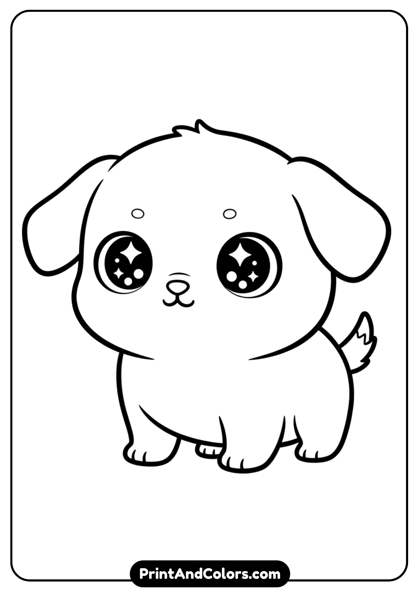 Chibi-style outline of a kawaii puppy with big sparkling eyes and round face. Clean black and white lines for coloring pages