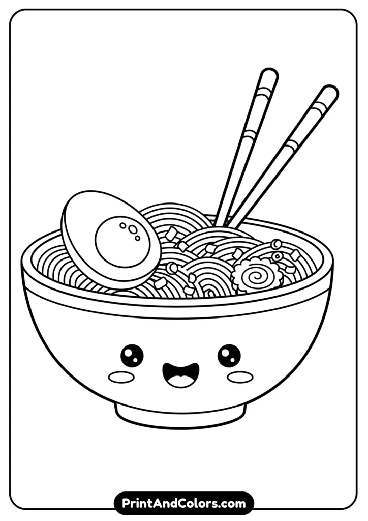 Black and white kawaii ramen bowl with noodles, chopsticks, egg, and smiling face, outlined clearly