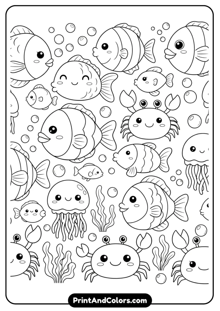 Black and white kawaii sea creatures like fish, crab, and jellyfish with smiling faces, outlined for coloring.