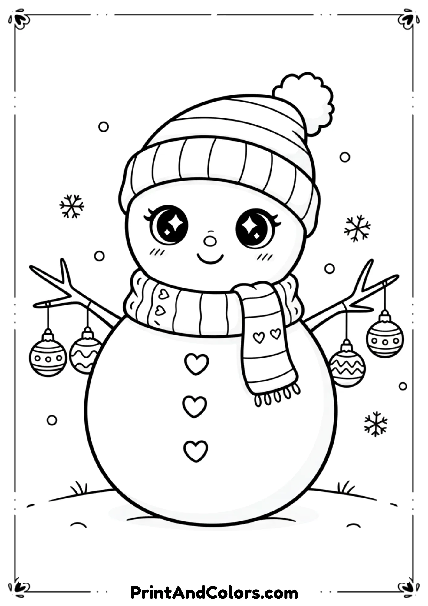 Cute kawaii-style snowwoman with big sparkling eyes, heart-shaped buttons, and hanging ornaments around her. Soft rounded lines.
