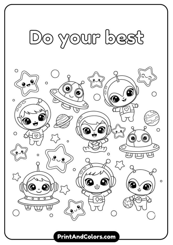 Black and white kawaii aliens, spaceships, and stars with happy faces, floating in space, outlined for coloring
