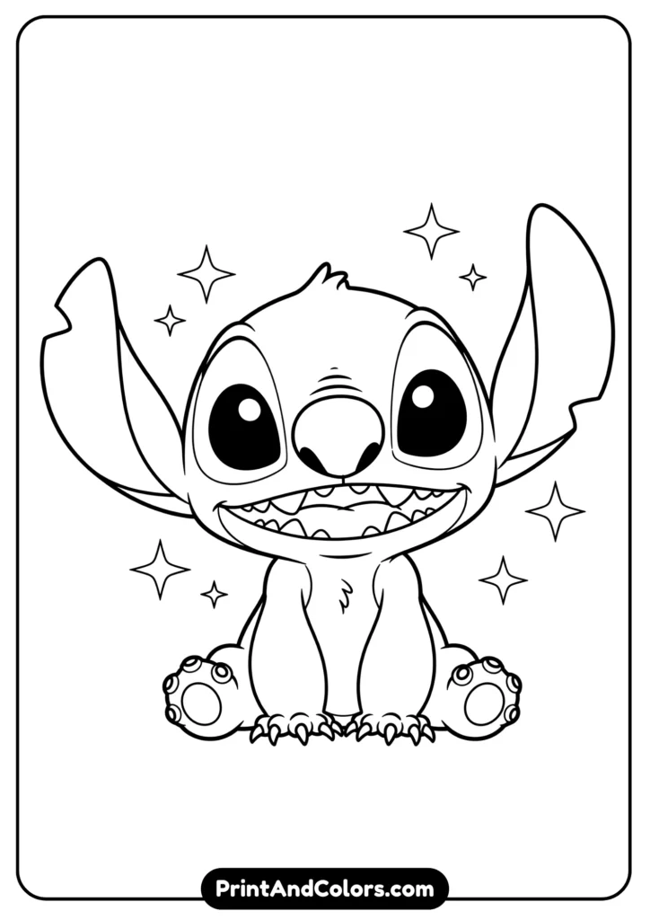 Black and white kawaii Stitch (blue alien character) in cute chibi form, sitting with sparkling eyes and smiling face