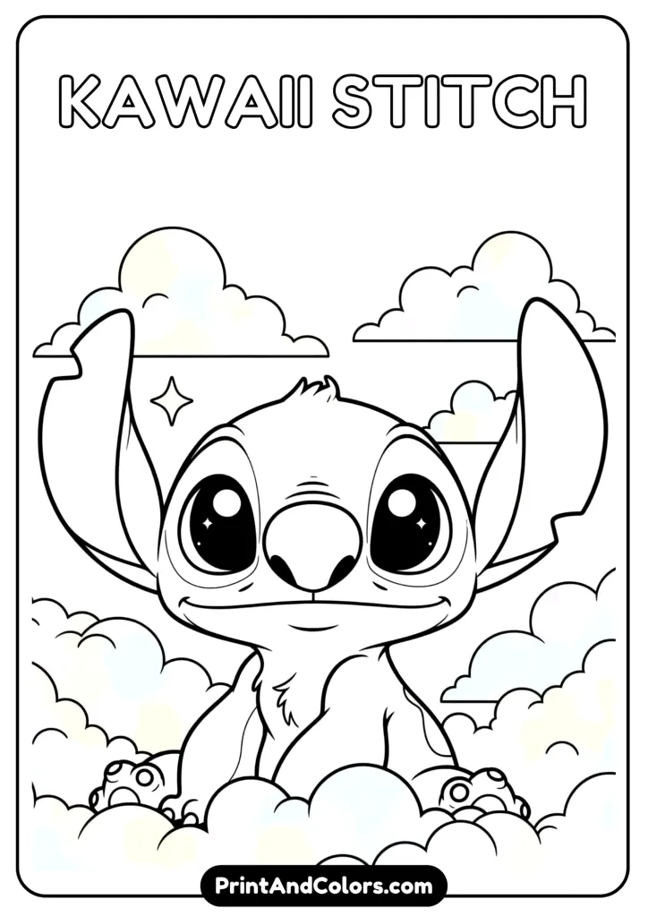 Kawaii-style Stitch with big sparkling eyes and pastel clouds around