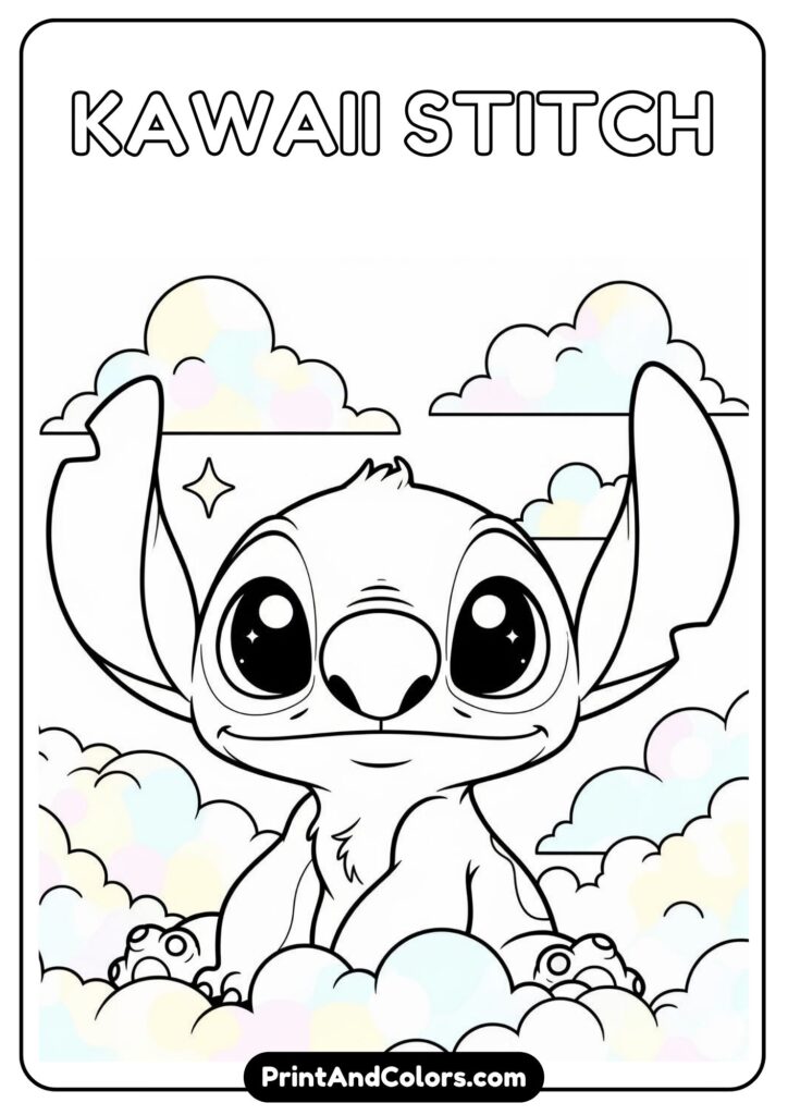 Kawaii-style Stitch with big sparkling eyes and pastel clouds around