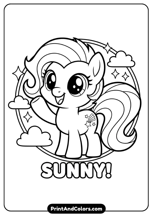 A kawaii-style black and white coloring page of Sunny Starscout with big eyes, round face, small body, and cheerful pose. Minimal background, thick outlines.