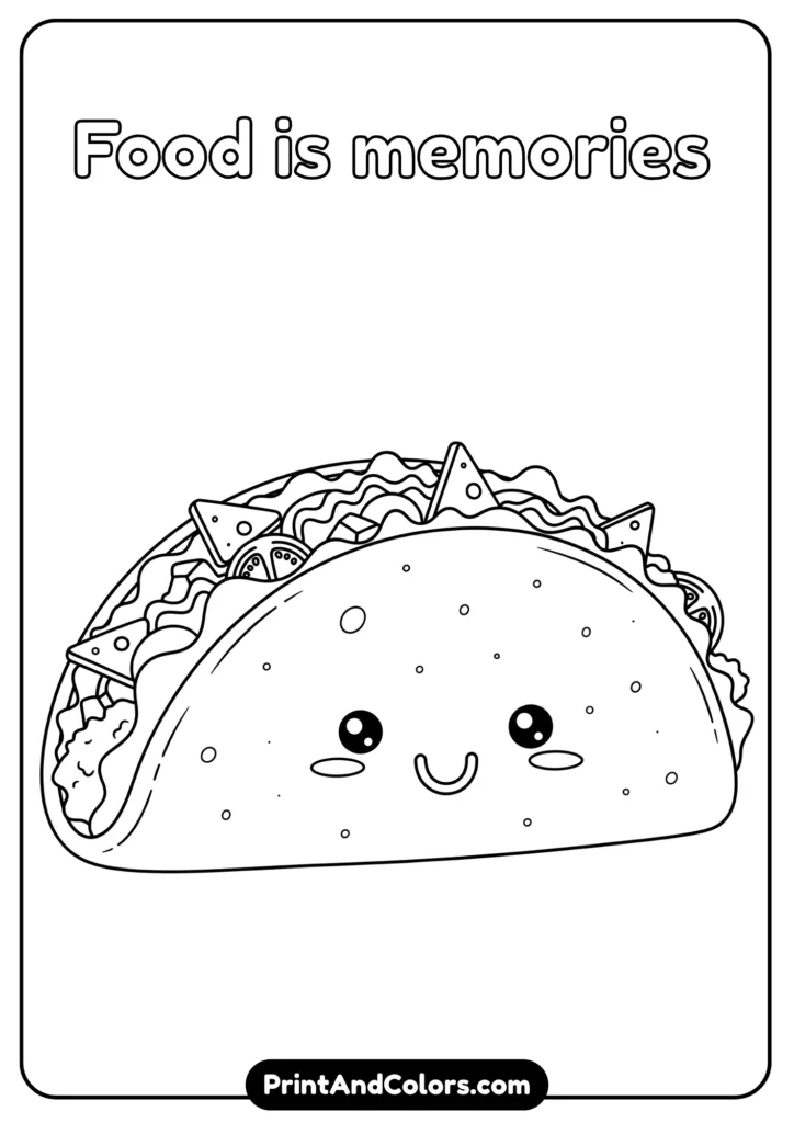 Black and white kawaii taco with smiling face, filled with cheese, lettuce, and tomato, outlined simply.