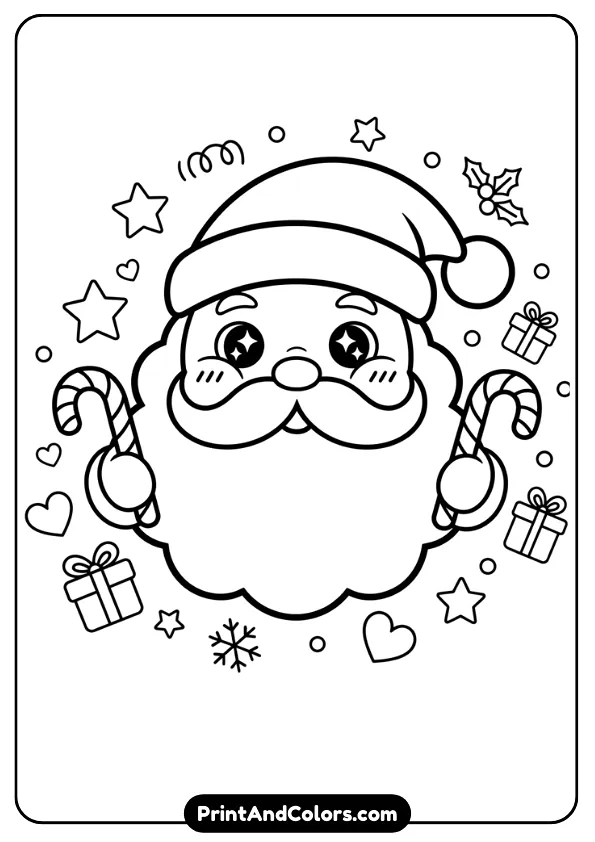 Create an adorable kawaii-style Santa Claus with big sparkling eyes, soft rounded shapes, and chubby cheeks. Santa should hold candy canes, surrounded by cute stars, hearts, and simple holiday doodles. Thick, clean outlines perfect for kids’ coloring