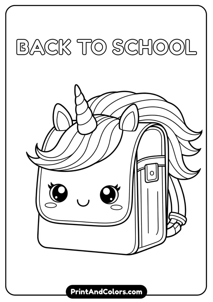 Black and white kawaii school bag with unicorn horn, ears, and rainbow mane, smiling face, outlined clearly