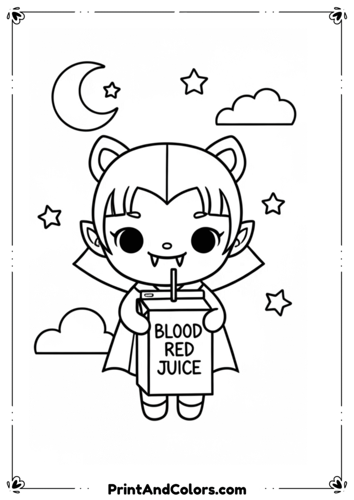 Cute chibi vampire with big eyes, tiny fangs, holding a pumpkin basket surrounded by stars and candy in black-and-white line art.
