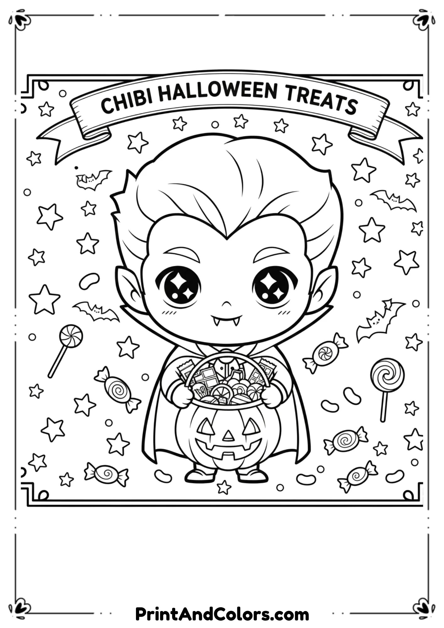 Cute chibi vampire with big eyes, tiny fangs, holding a pumpkin basket surrounded by stars and candy in black-and-white line art.