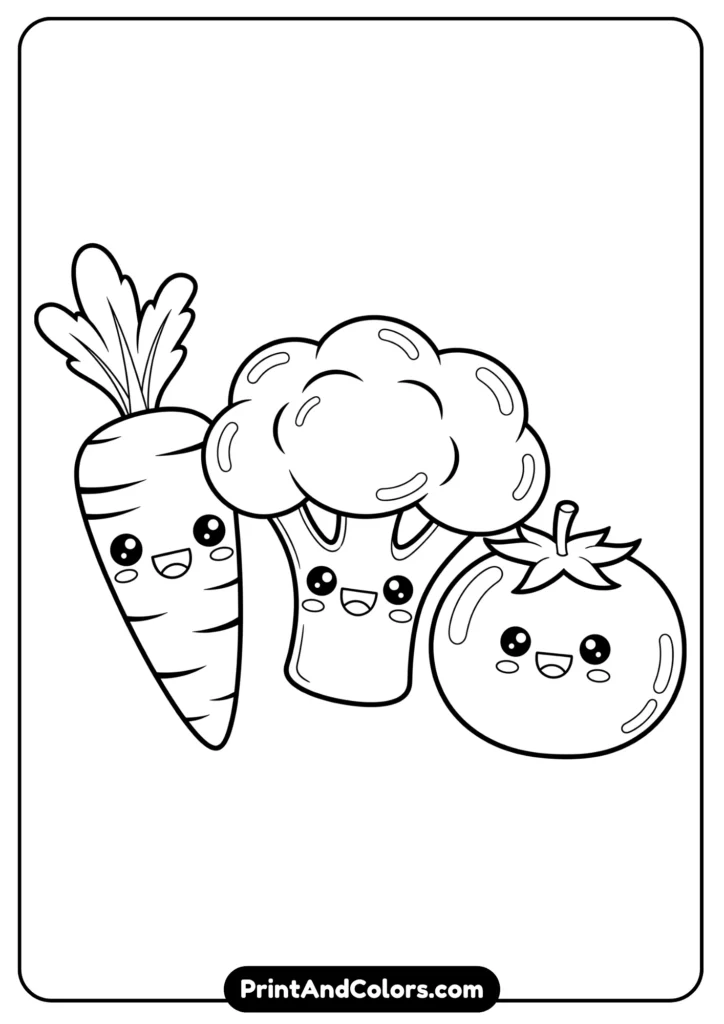 Black and white kawaii vegetables like carrot, broccoli, and tomato with happy faces, outlined for coloring.
