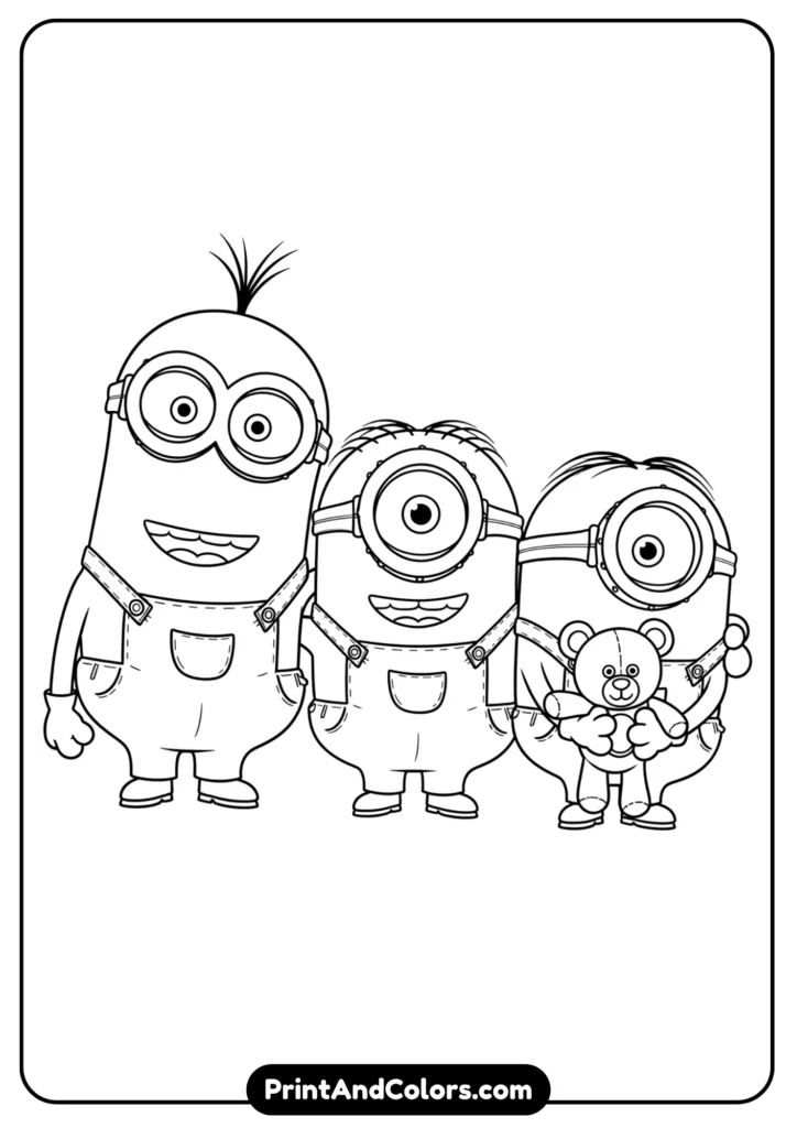 Three Minions (Kevin, Stuart, Bob) together in cartoon line art, clear black-and-white outlines for coloring fun