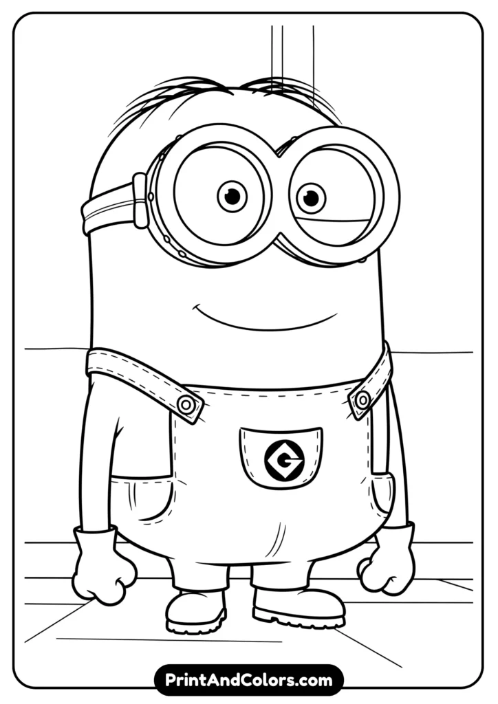 Minion Kevin in cartoon-style line drawing, standing tall with glasses, black-and-white outlines.
