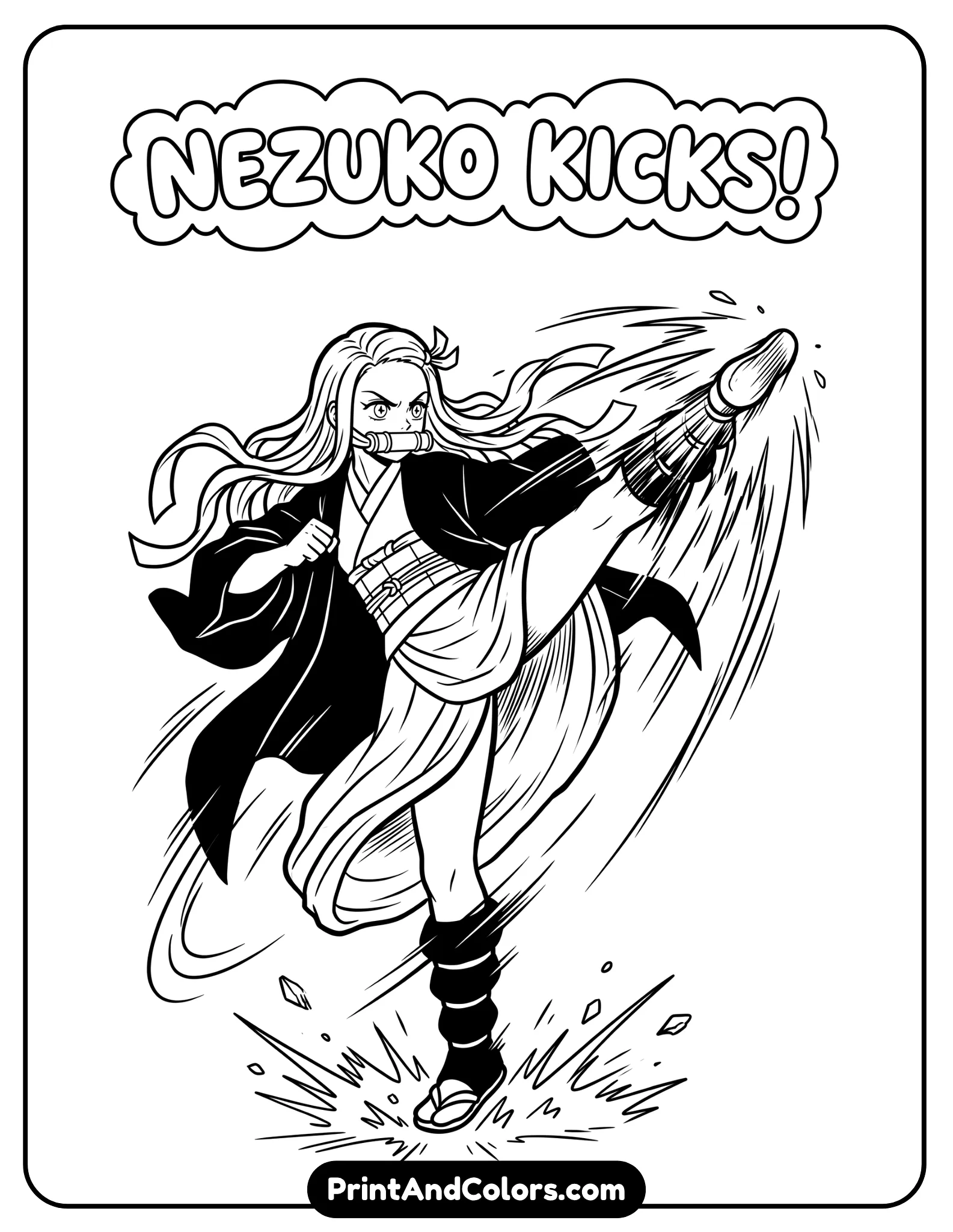 Nezuko performing a high kick, action-focused pose, motion lines, strong stance, bold black outlines, no background clutter