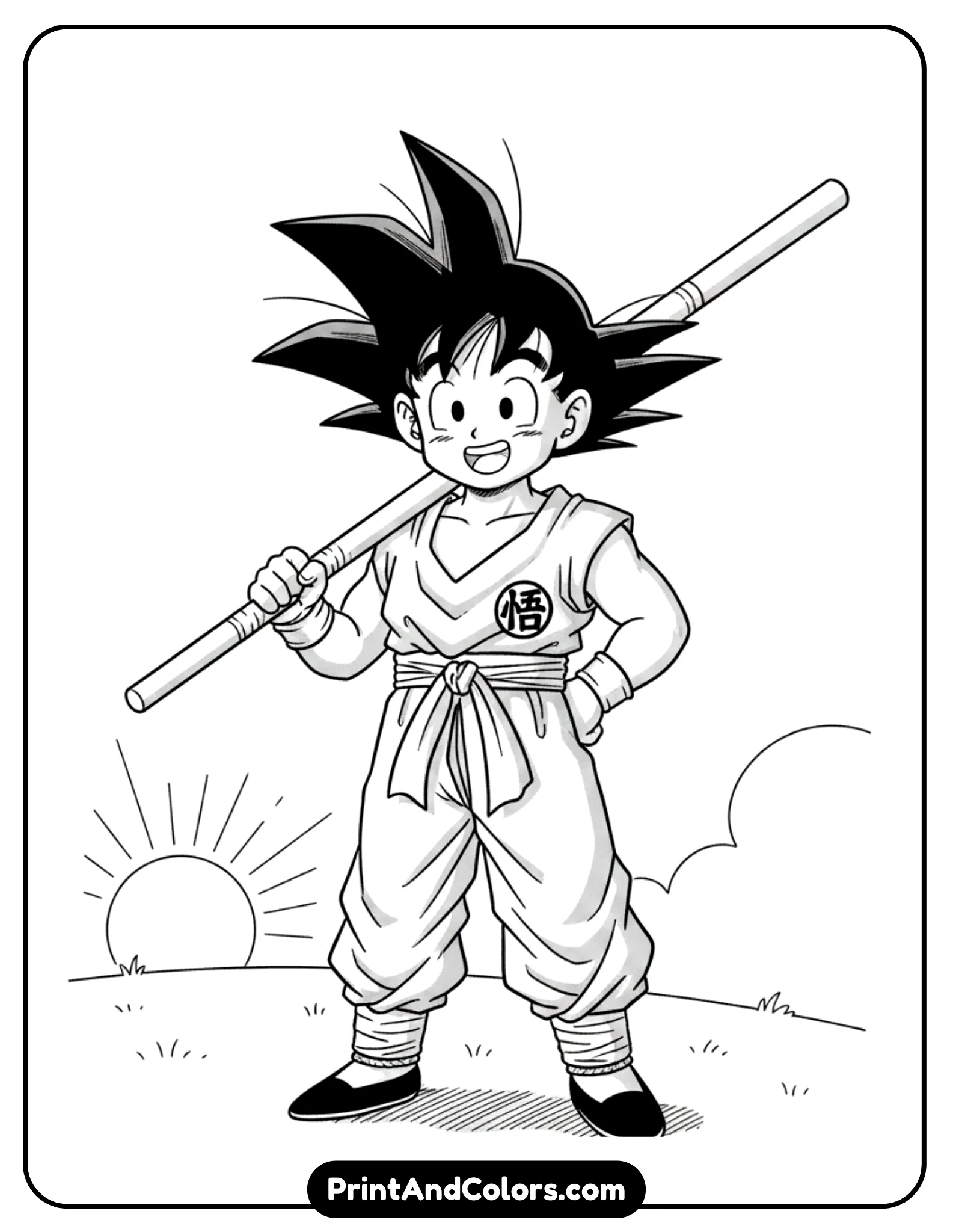 Illustrate Kid Goku standing happily while holding the Power Pole over his shoulder. His face is innocent and cheerful, wearing classic Dragon Ball outfit. Use round, soft line work with bold outlines. No color or shading, vintage anime style.