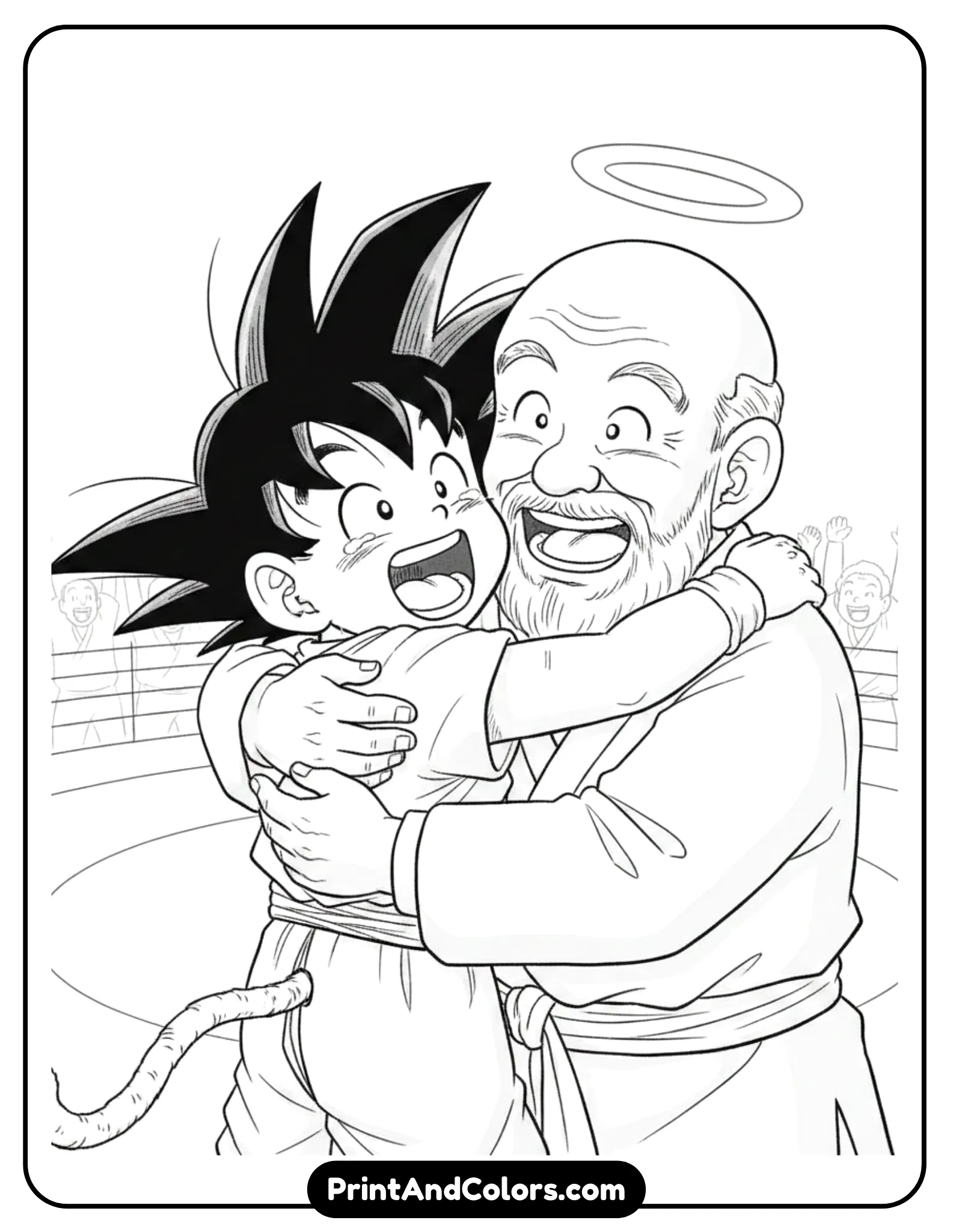 Illustrate an emotional reunion scene where Kid Goku hugs Grandpa Gohan. Expressions show surprise and happiness. Use soft lines and minimal tournament background elements. Black and white line art only, gentle and heartwarming style.