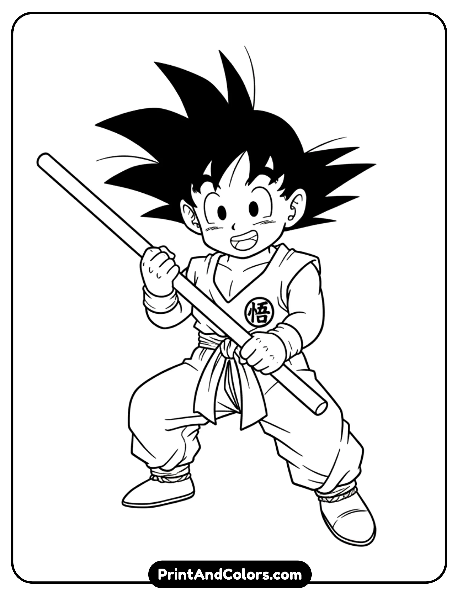 Illustrate Kid Goku holding his Power Pole with a cheerful innocent smile. Classic outfit, playful posture. Rounded lines and bold outlines, no shading.