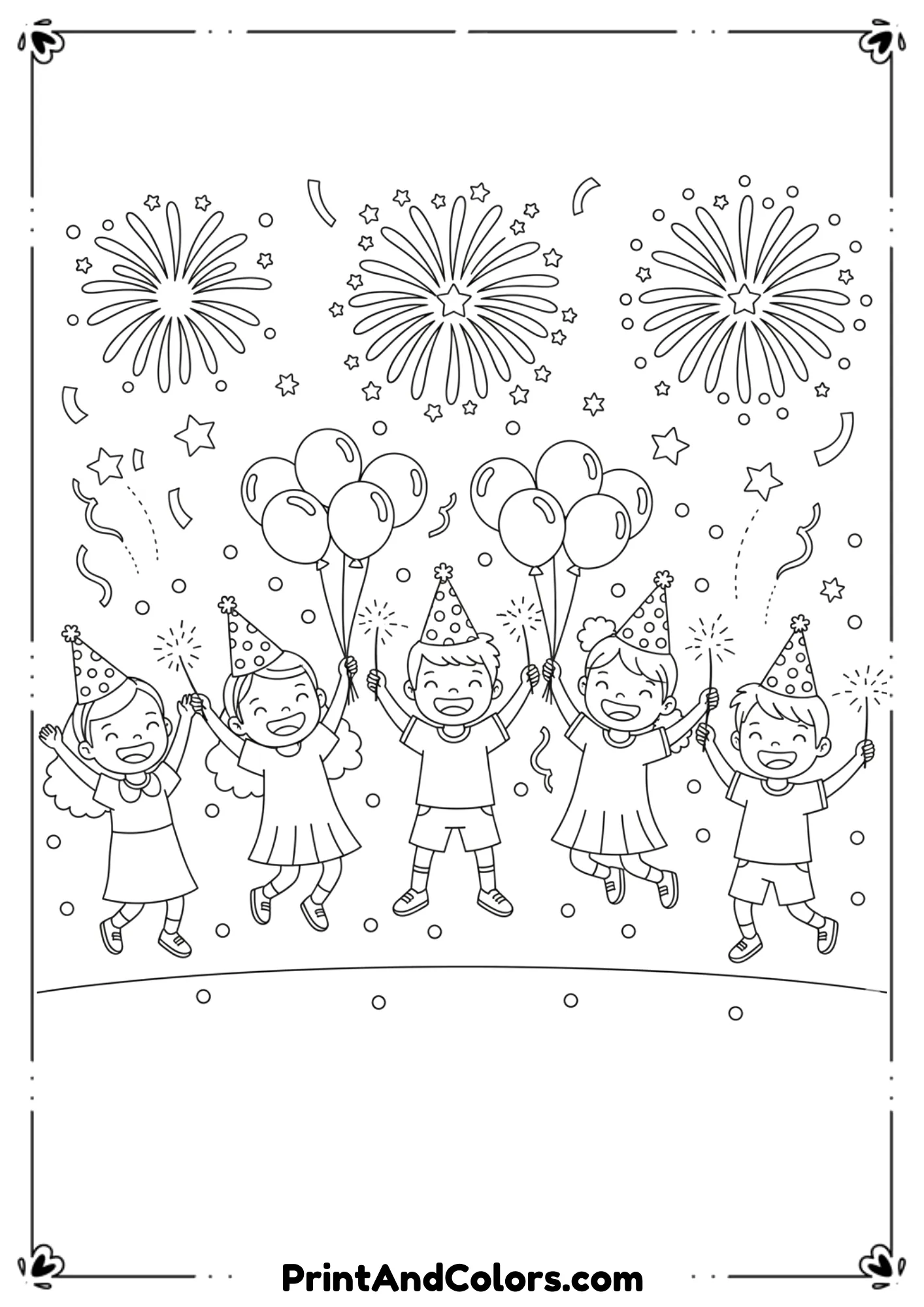  Black and white line art showing happy kids celebrating New Year’s Eve with party hats, balloons, confetti, and sparklers. Smiling cartoon faces, simple background, bold outlines, and large open spaces for easy coloring