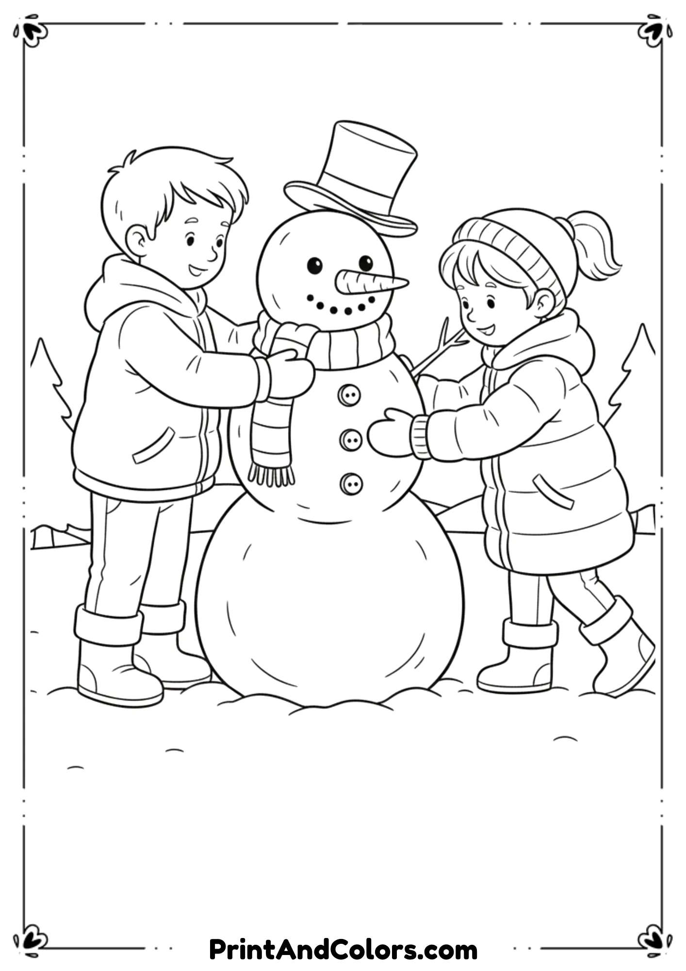 Two or three children placing scarf, buttons, and hat on a snowman. Winter mittens, boots, and snowy yard drawn in clean outlines.
