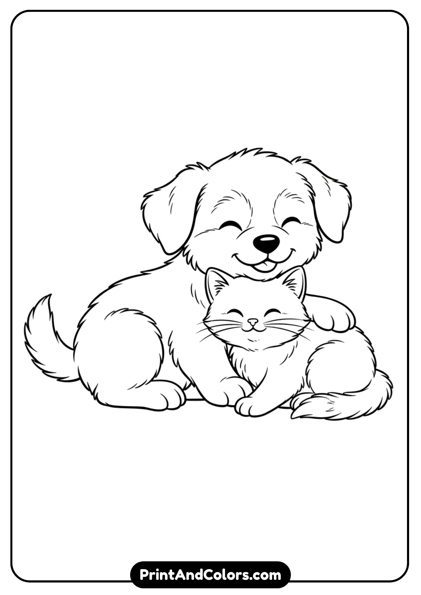 Black and white outline of a playful puppy and kitten snuggling together. Clean outlines suitable for coloring