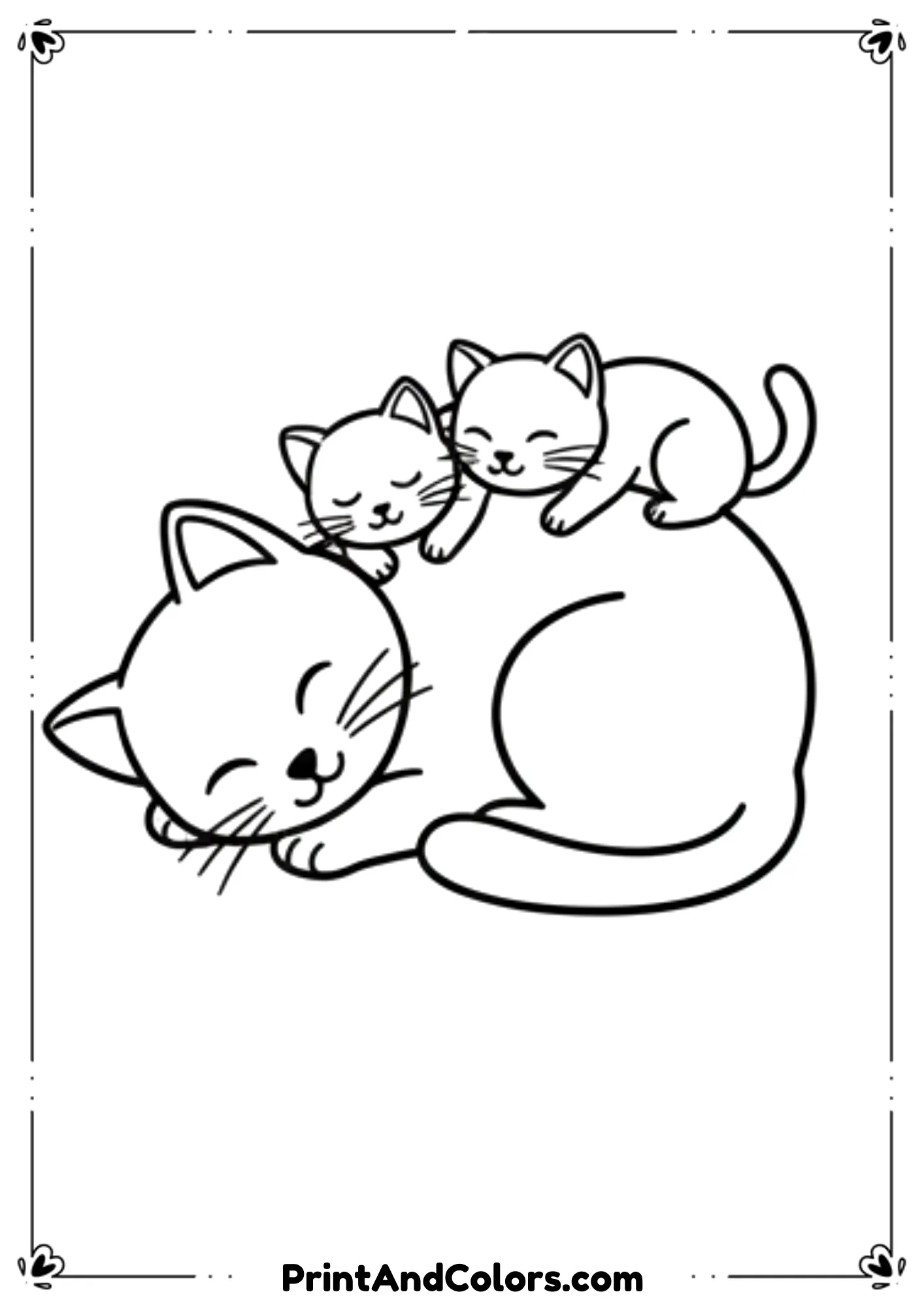 Mixed set of kitten and adult cat line art illustrations showing cute interactions, simple for coloring.
