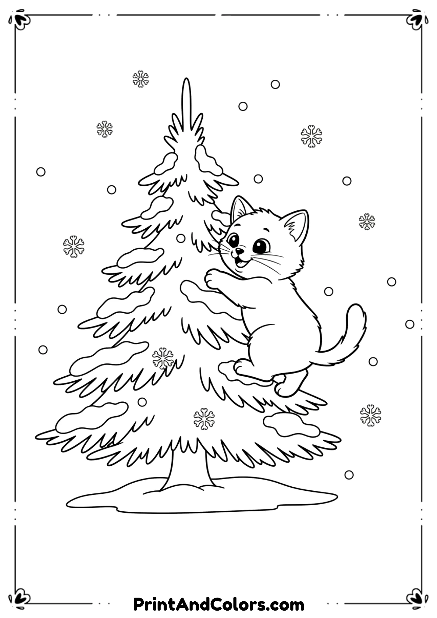 A playful kitten climbing a snowy tree, snowflakes falling around, clean black-and-white outline art.
