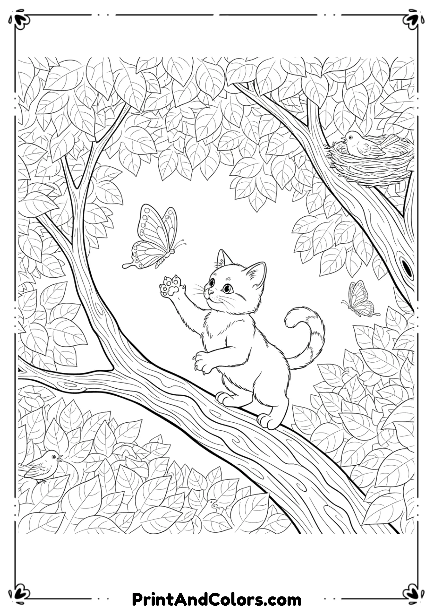 Playful kitten halfway up a tree reaching out to catch a butterfly, surrounded by leaves and branches, clean line art for coloring.
