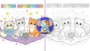 Cute group of playful kittens sitting together in a cozy setting, with soft outlines and clean, simple details. One kitten is playing with yarn, another is peeking out of a box, and one is smiling at the viewer. Light decorative background with stars, small hearts, and gentle curves. Designed as a friendly and eye-catching feature image for a kitten coloring pages category. High-quality, bright, inviting, kid-friendly artwork. Black And White line art.