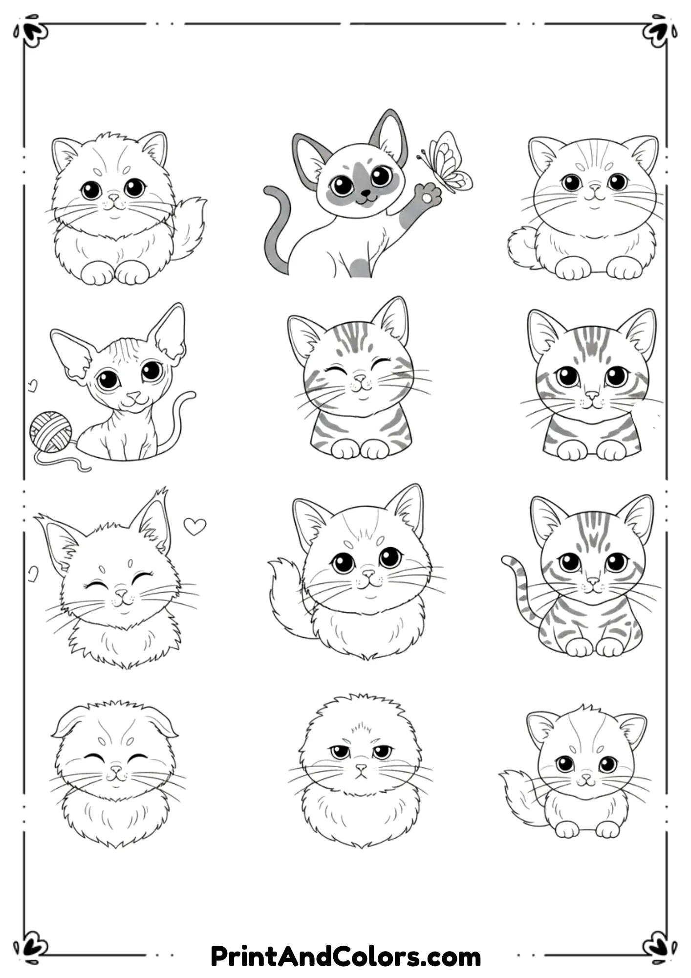 A printable collection of kitten line drawings featuring various breeds and expressions, easy-to-color outlines.
