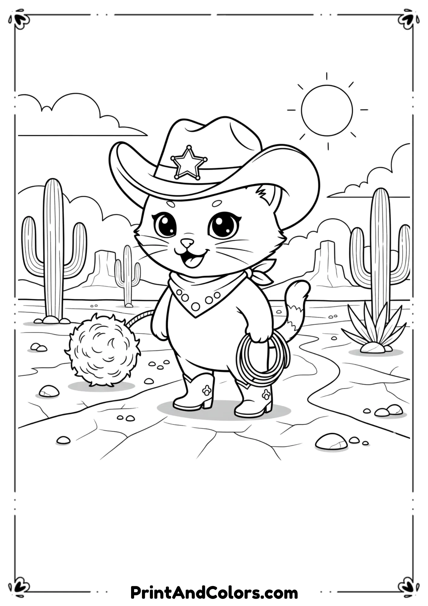 Cowboy kitten wearing hat and boots, holding a lasso on a desert trail, cartoon-style line art.

