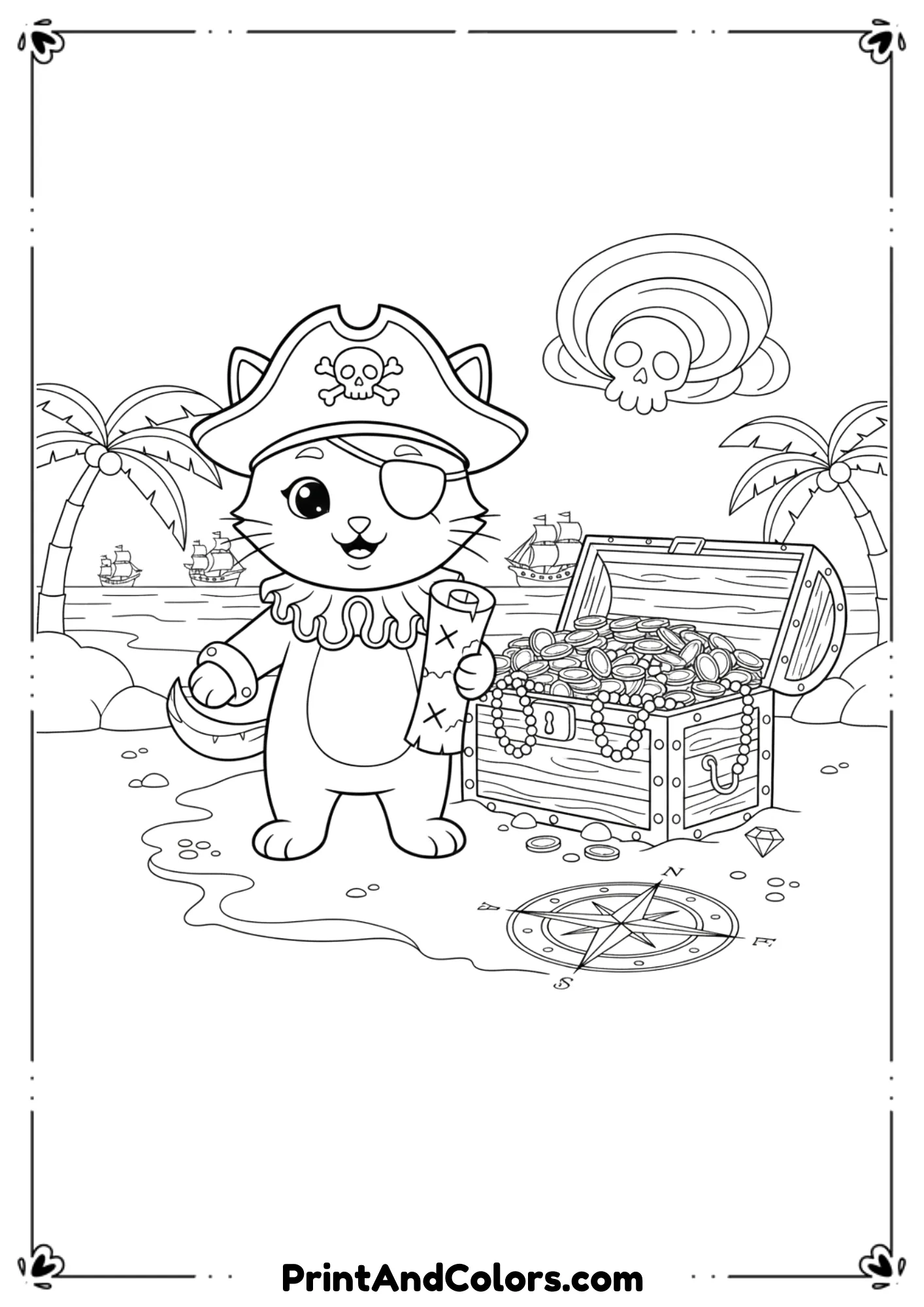 Pirate kitten with hat, eye patch, and treasure map in paw, standing beside a treasure chest in line art.

