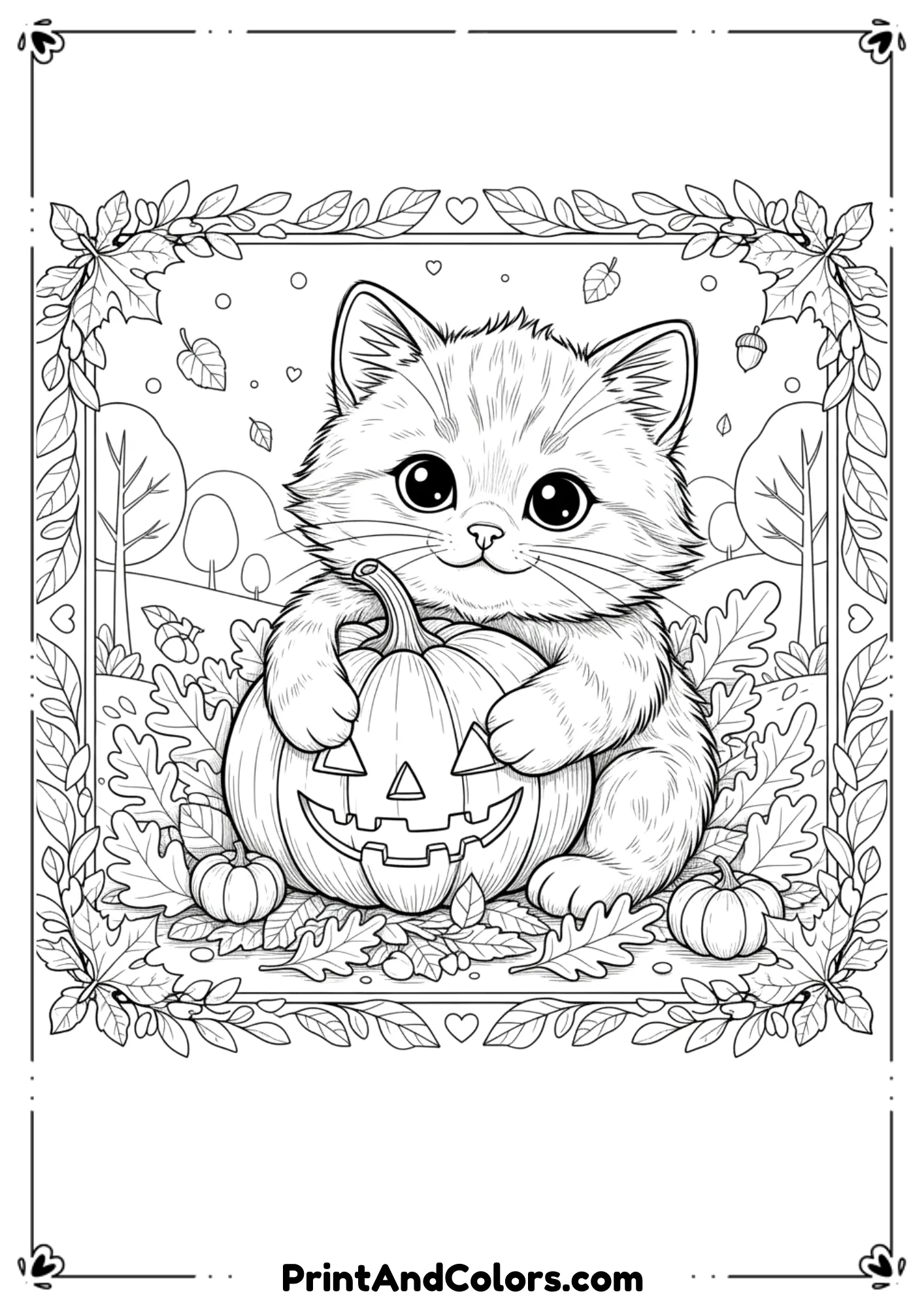 Adorable kitten hugging a big pumpkin surrounded by autumn leaves, black-and-white cozy fall line art.
