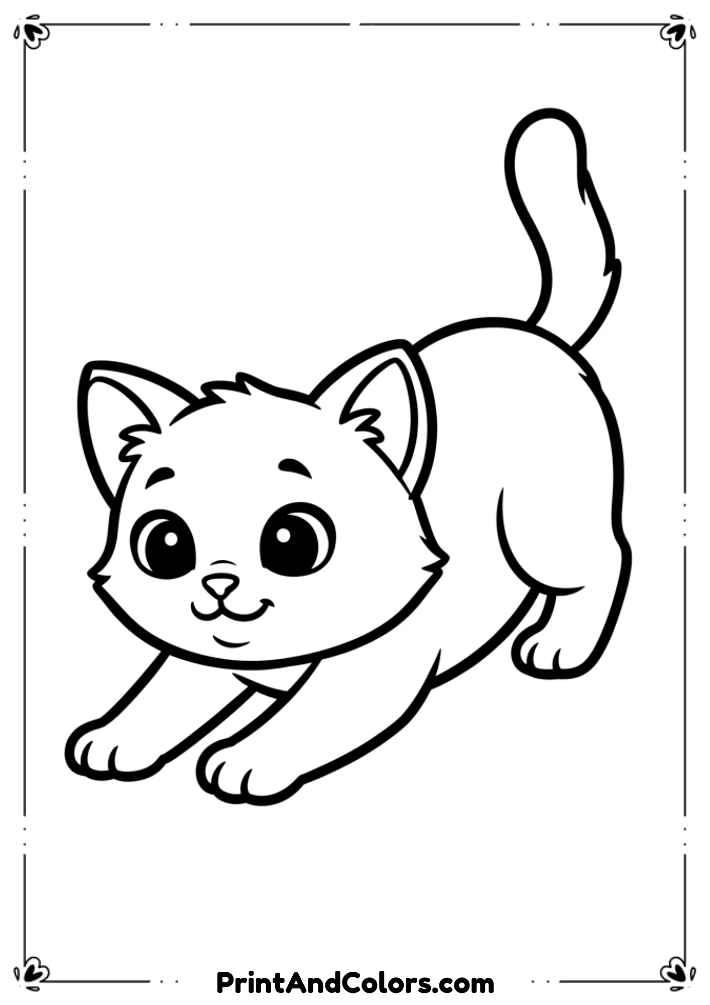 Cute kitten in playful bow pose, tail up and ears perked, outlined cleanly in black for coloring.
