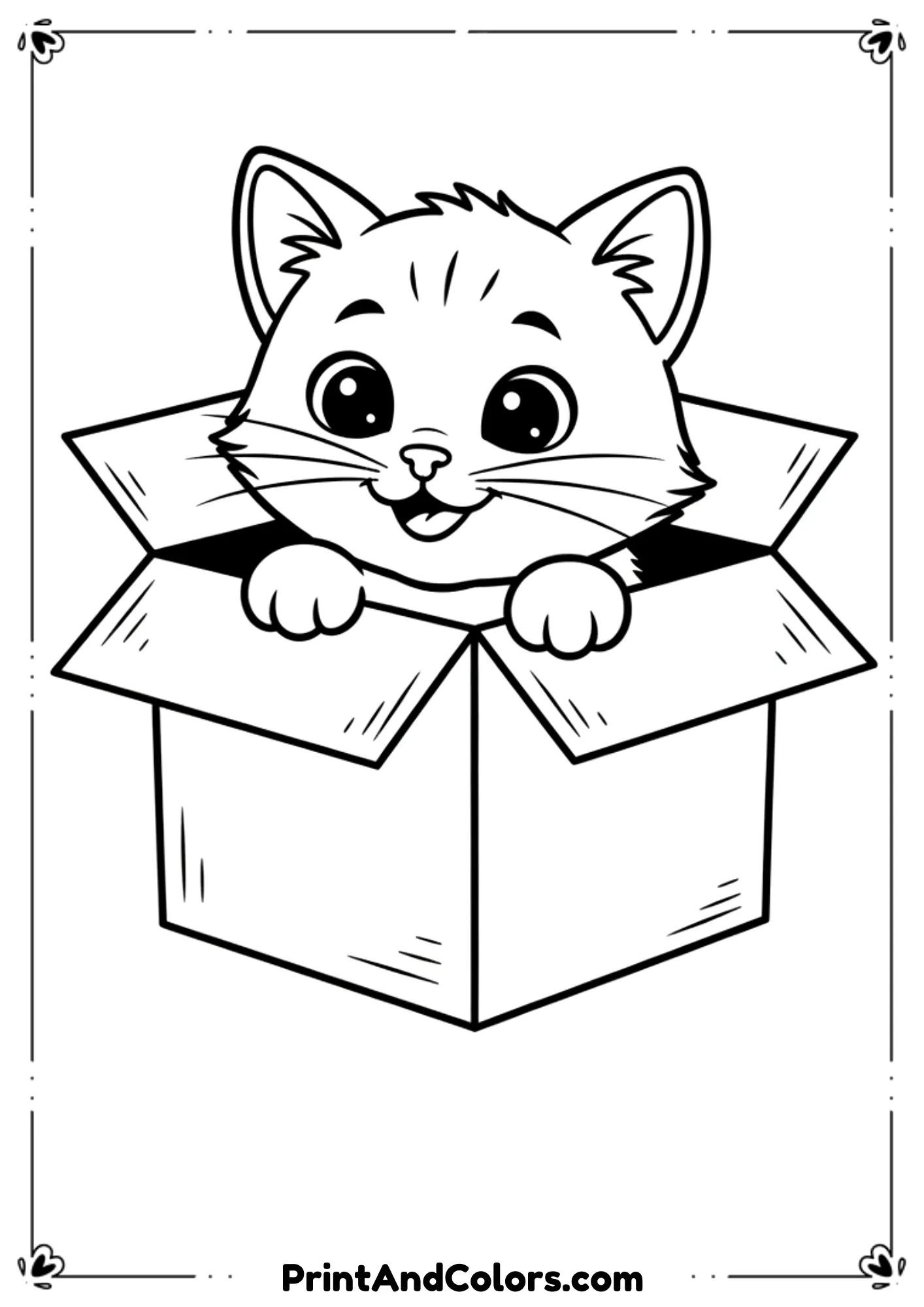 Cute kitten peeking its head out of a cardboard box, playful expression, crisp line art illustration.
