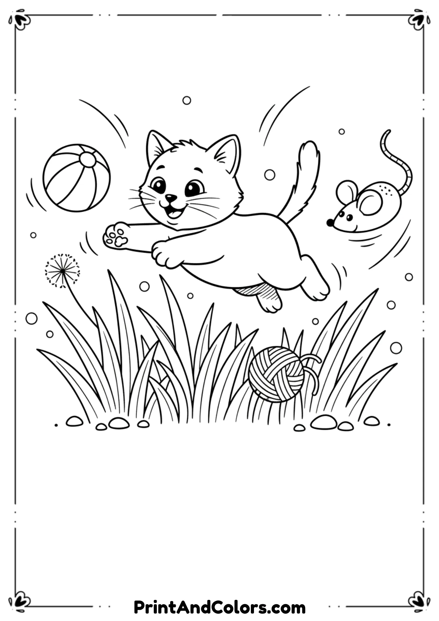 Happy kitten jumping among grass and toys like a ball and mouse, playful black-and-white line illustration.
