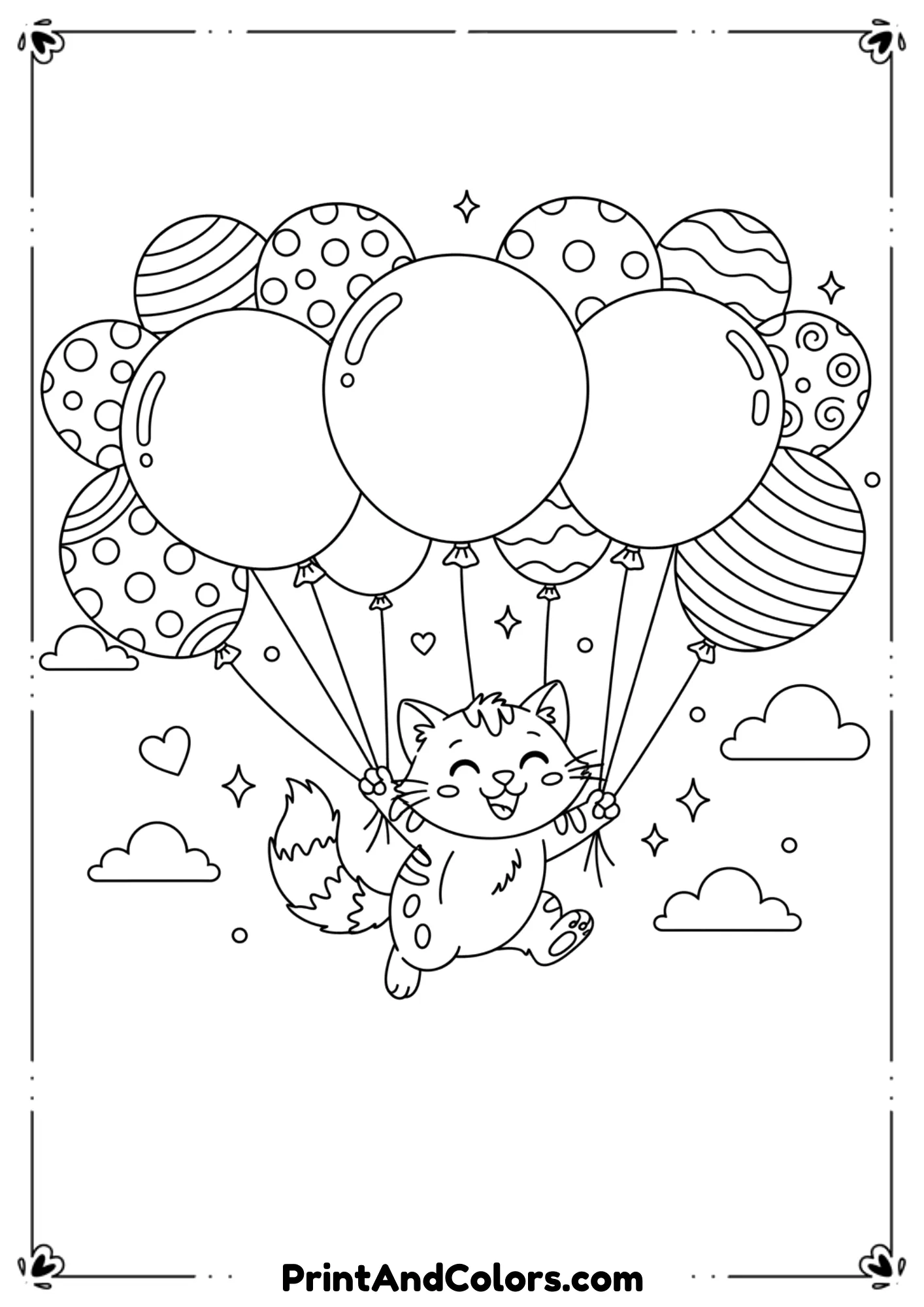 Happy kitten bouncing around colorful balloons in the sky, outlined clearly in fun cartoon-style line art.

