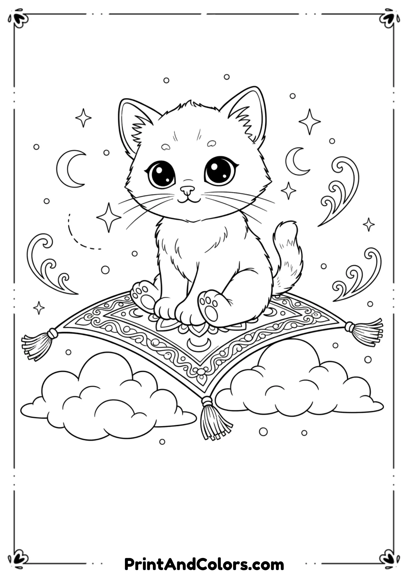 Fantasy kitten flying on a magic carpet above clouds, clean whimsical outlines for creative coloring fun.
