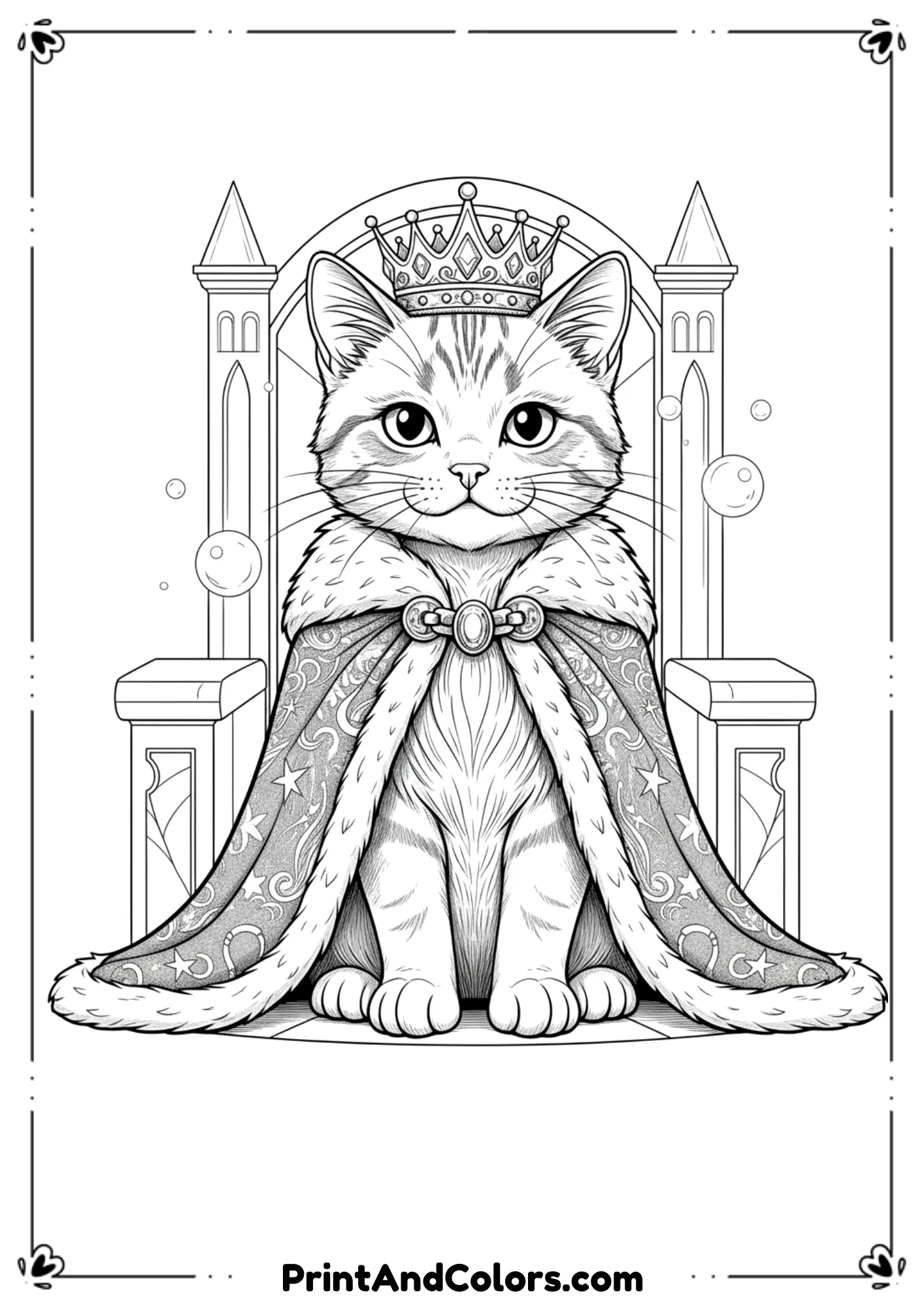 Regal kitten with a royal cape and crown, detailed line art with fine cape texture, perfect for fantasy coloring fun.
