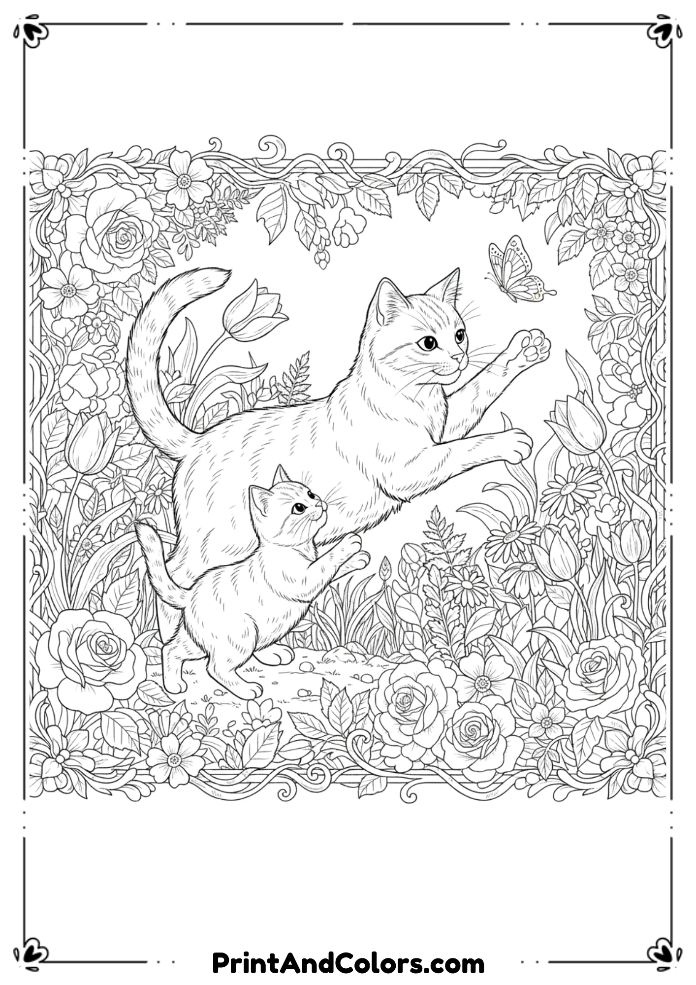  A small kitten and adult cat playing together among blooming flowers, detailed garden background in outlines.
