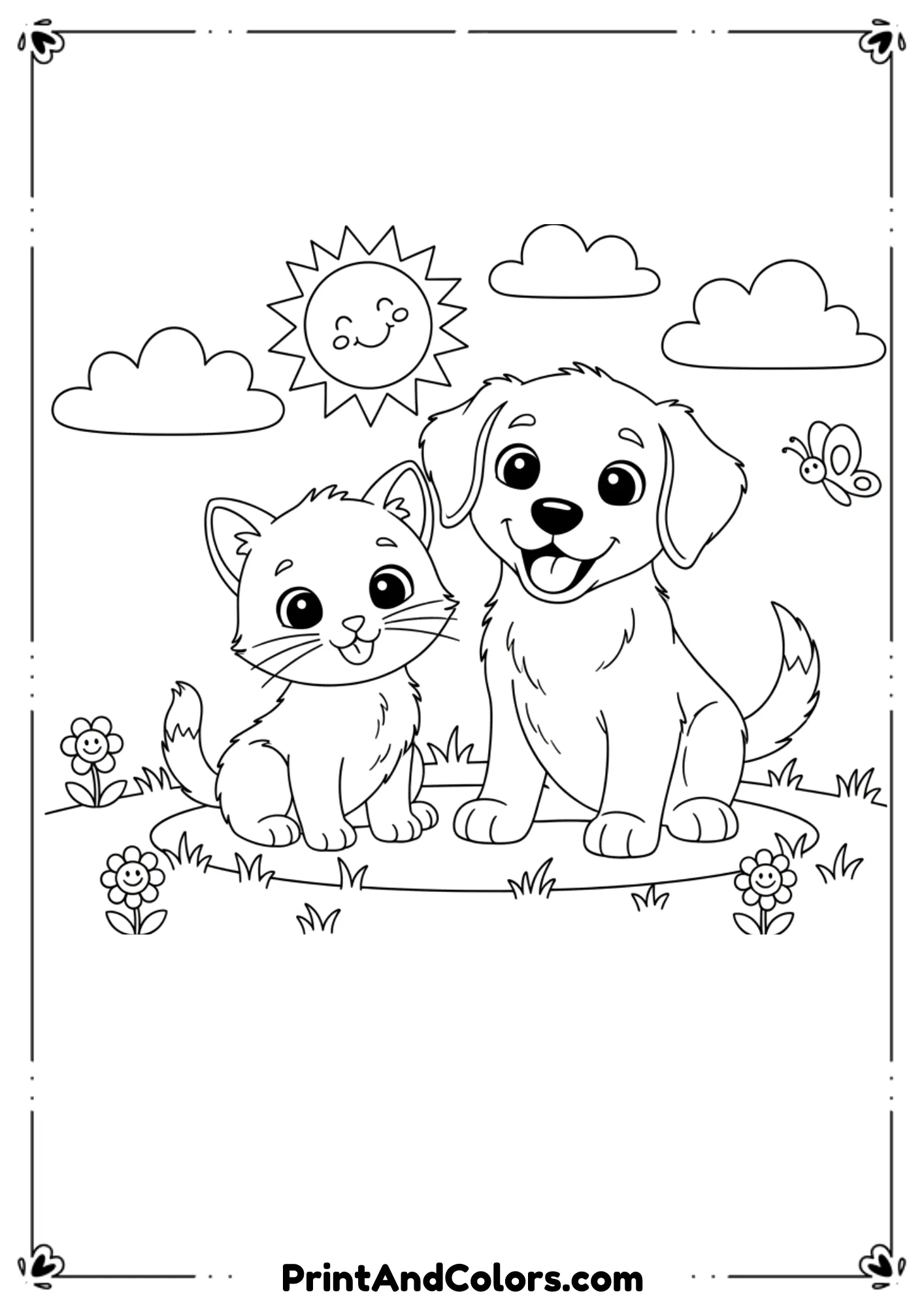 Cute kitten and puppy sitting side by side, wagging tails and smiling, outlined clearly for coloring.
