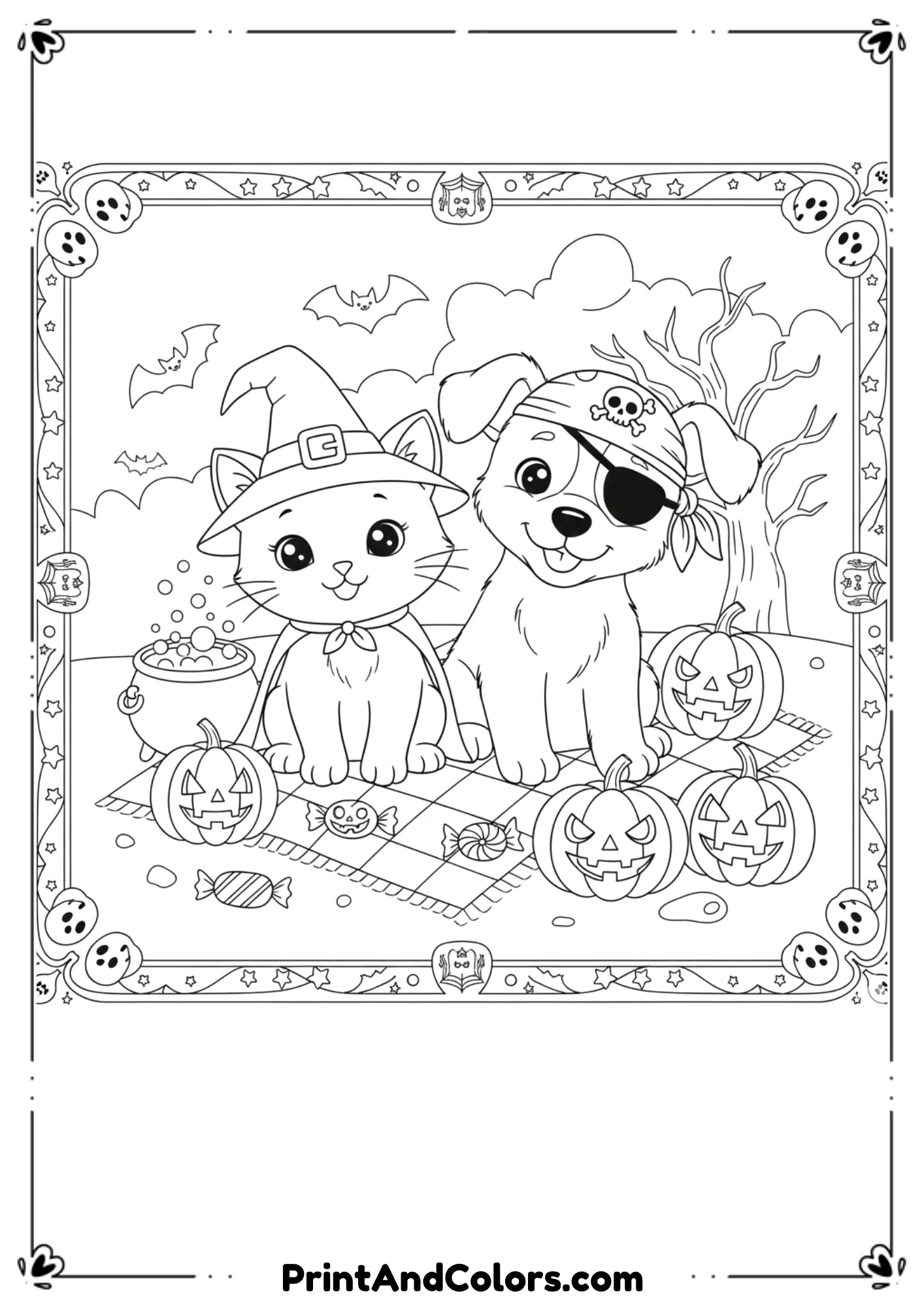  Cute kitten and puppy in Halloween costumes, pumpkins and candy around, outlined for kids’ coloring.