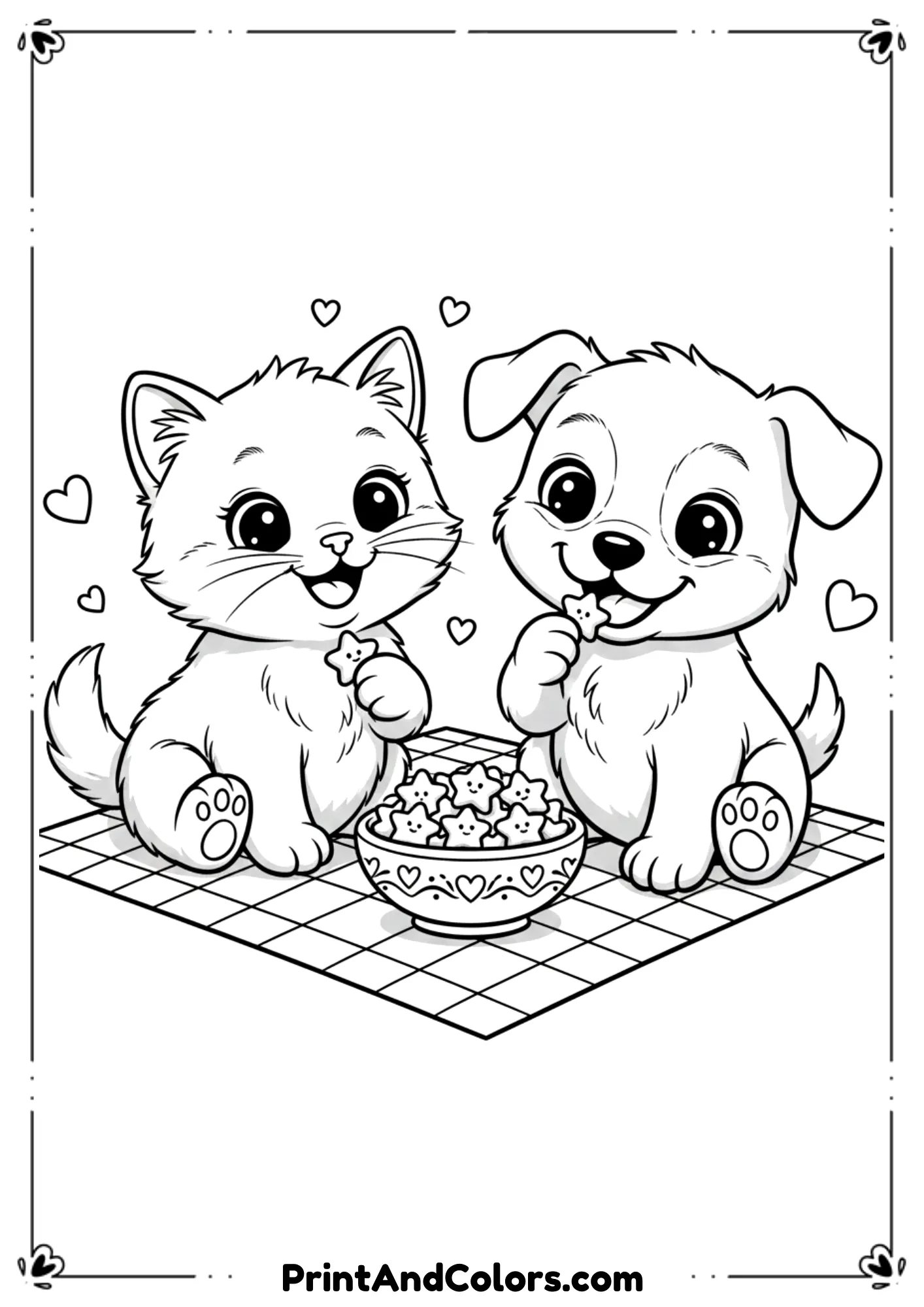 Cute kitten and puppy sitting together sharing small treats, cheerful expressions in black-and-white line drawing.
