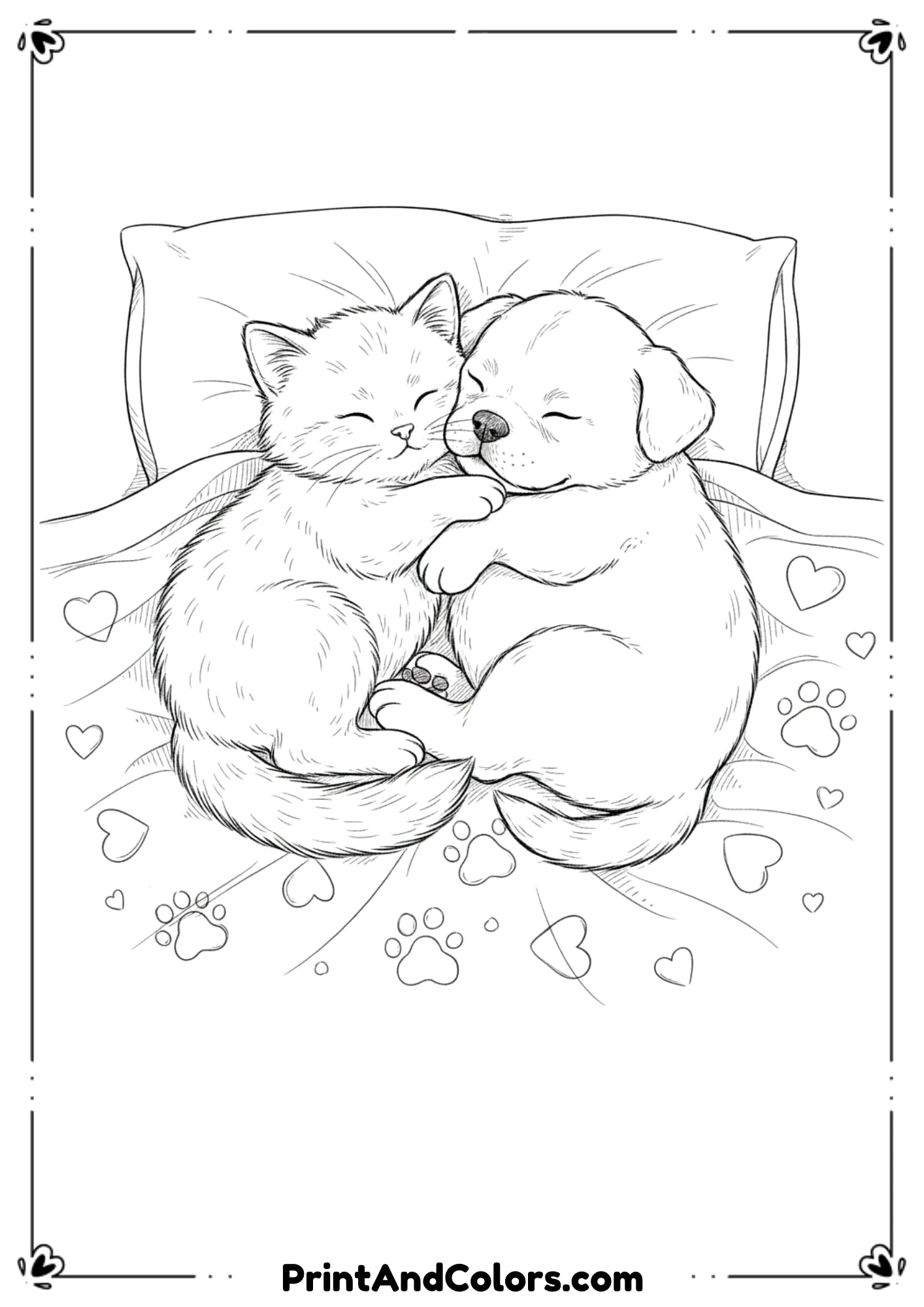 Sweet kitten and puppy cuddled under a cozy blanket, heartwarming black-and-white line art.
