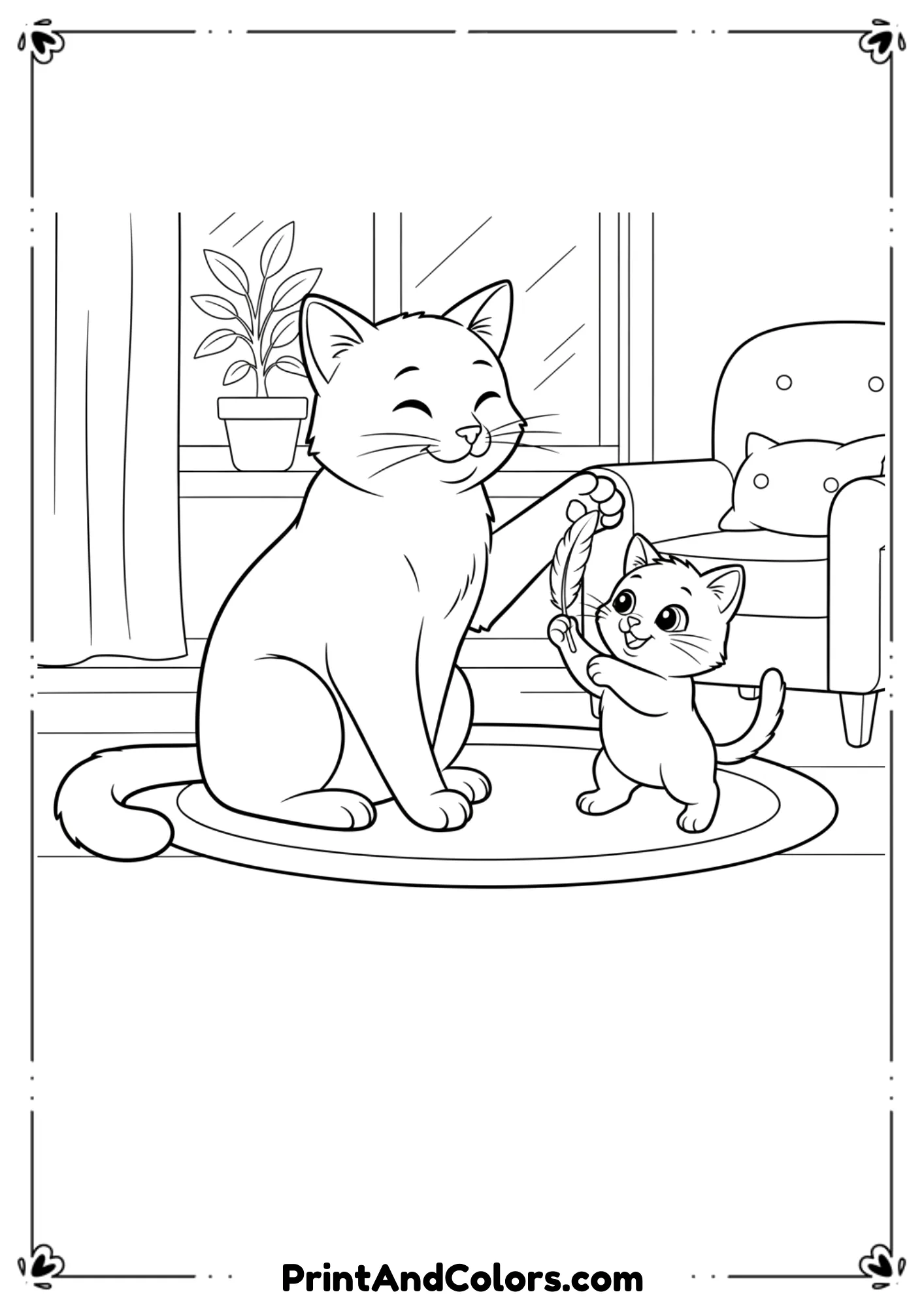  Kitten and cat sitting together, playful moment captured in smooth black outlines for coloring fun.
