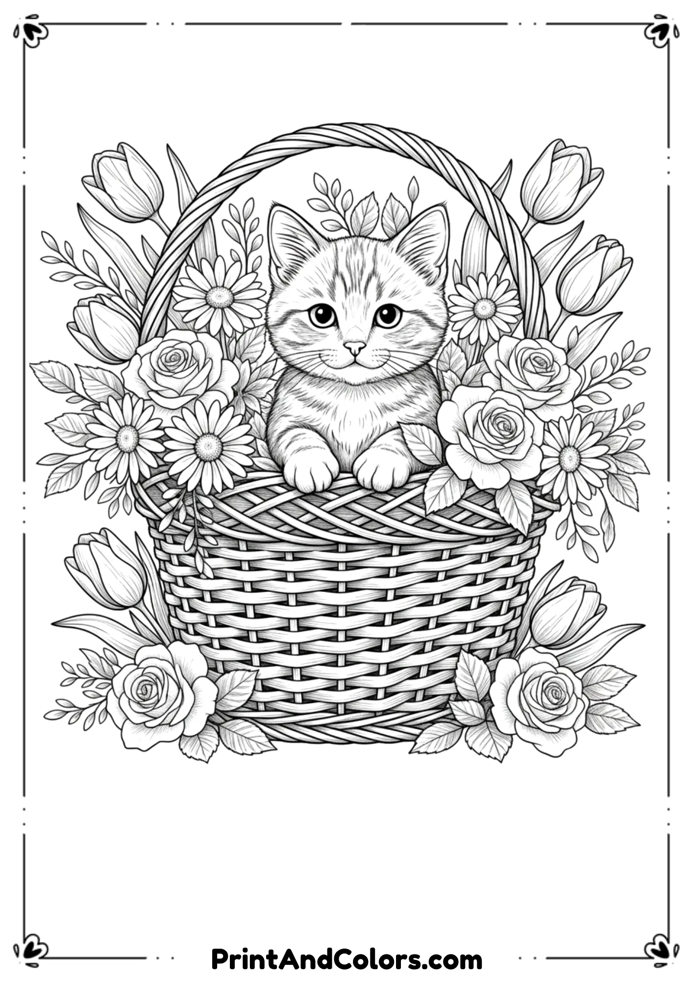  Kitten sitting in a woven basket surrounded by spring flowers, elegant detailed black outlines