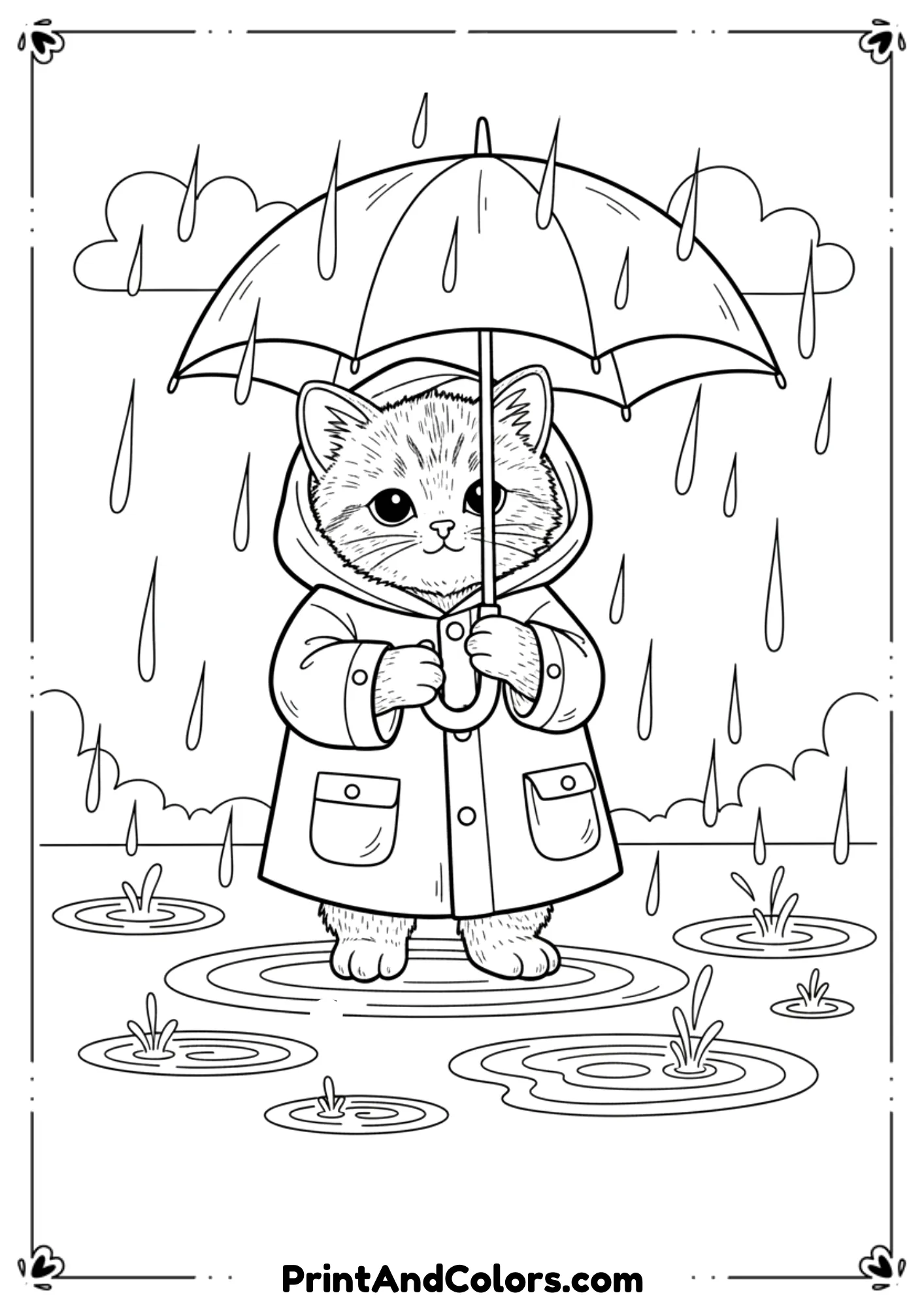 Kitten wearing a raincoat holding an umbrella under raindrops, puddles below, outlined for both kids and adults.
